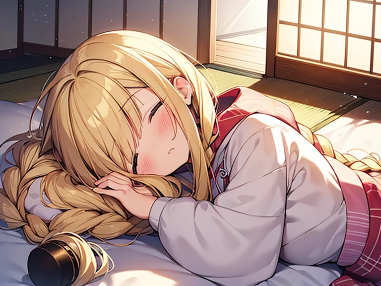 Top quality,( 1 beautiful girl), junior high school student, Blonde, Braided hair, Wavy Hair, standard weight, hoodie, blush, sleeping, (japanese style room), beautiful scene, cowboy shot