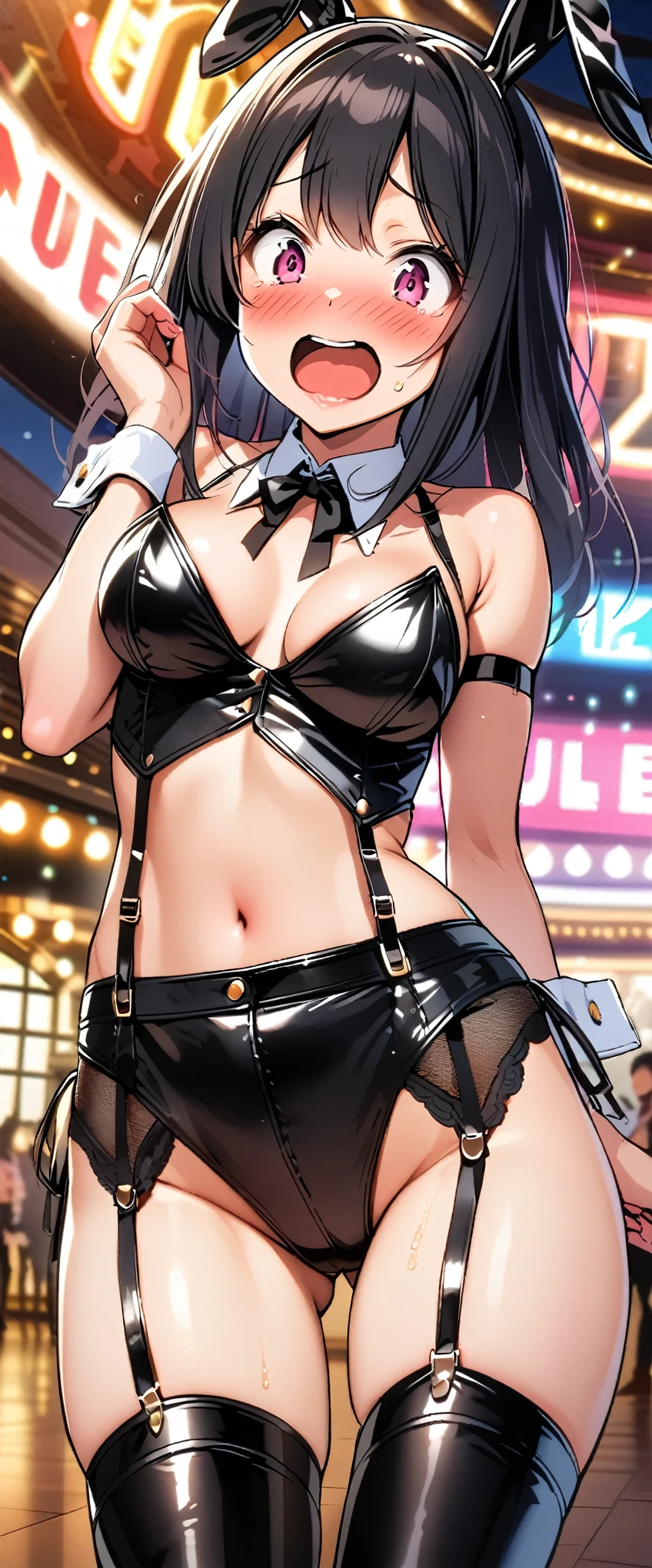 woman,20-year-old,, venue,night,(((Bunny girl))),Laughing with your mouth open((Leather thigh-high boots))(garter belt),((Black Hair)),blush、Surprised face,