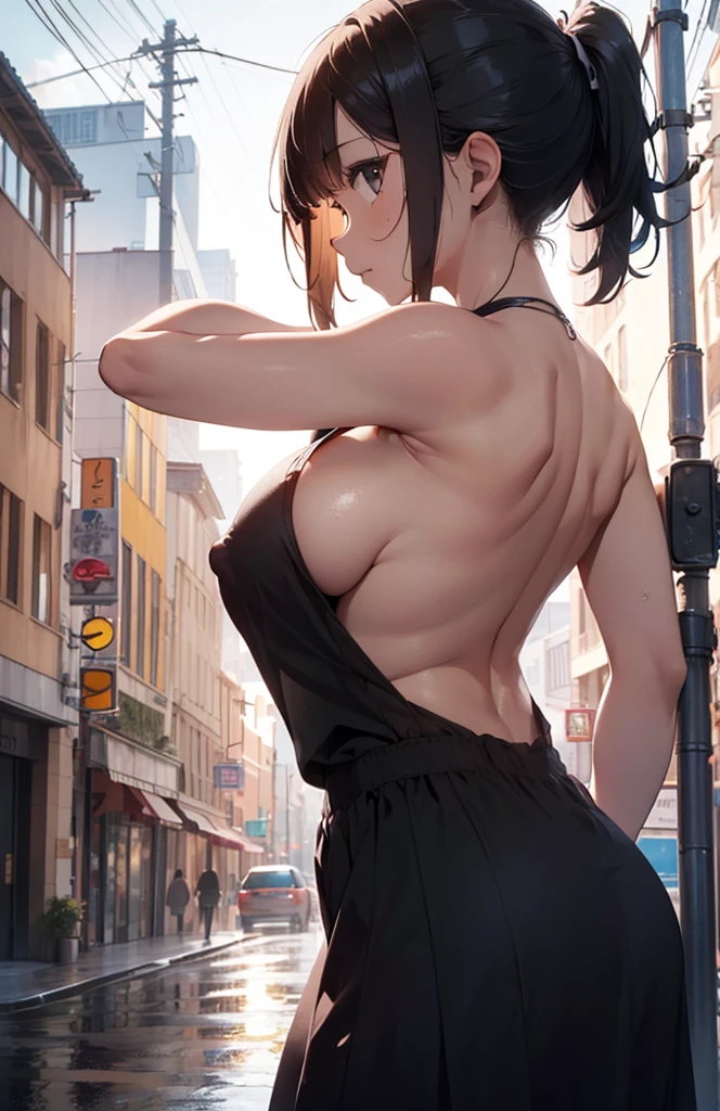 ((ultra-quality)), (A woman waiting at a traffic light in heavy rain), (arms are down:1.5), (in 8K), (arms behind back:1.5), (Angle from side:1.6), (side breast), (side back view:1.5), (Angle from below:1.5), (profile), ultra high-res, Hyper Detailed, High contrast, (Ultrafine Strike), creative refinement, absurdres, Realistic, extremely detailed CG unified 8k wallpaper, Highly detailed, High-definition raw color photos, professional photography, Realistic portrait, Cinematic Light, Beautiful detailed, 20 years old woman, (realistic skin:1.3), (shiny skin), (Best Quality:1.4), Super Detail, High quality, master piece, lifelike, Perfect face, Silly, (side hip), (closed mouth:1.3), (Sharp Focus), (upper body), (close up), Delicate Beautiful Hair and Eye and Face, Delicate eye, radiant eye, Lifelike, Hyper-detailing, (firm chest:1.6), (upturned chest:1.6), (large breast:1.6), (Beautiful breast:1.5), (breast is covered with backless dress:1.1), (Sheer nipple:1.3), (smooth flanks), (arms behind back), Beautiful cute woman, camel-toe details, SFW, slim body, pale black eyes, ponytail, on a deserted street