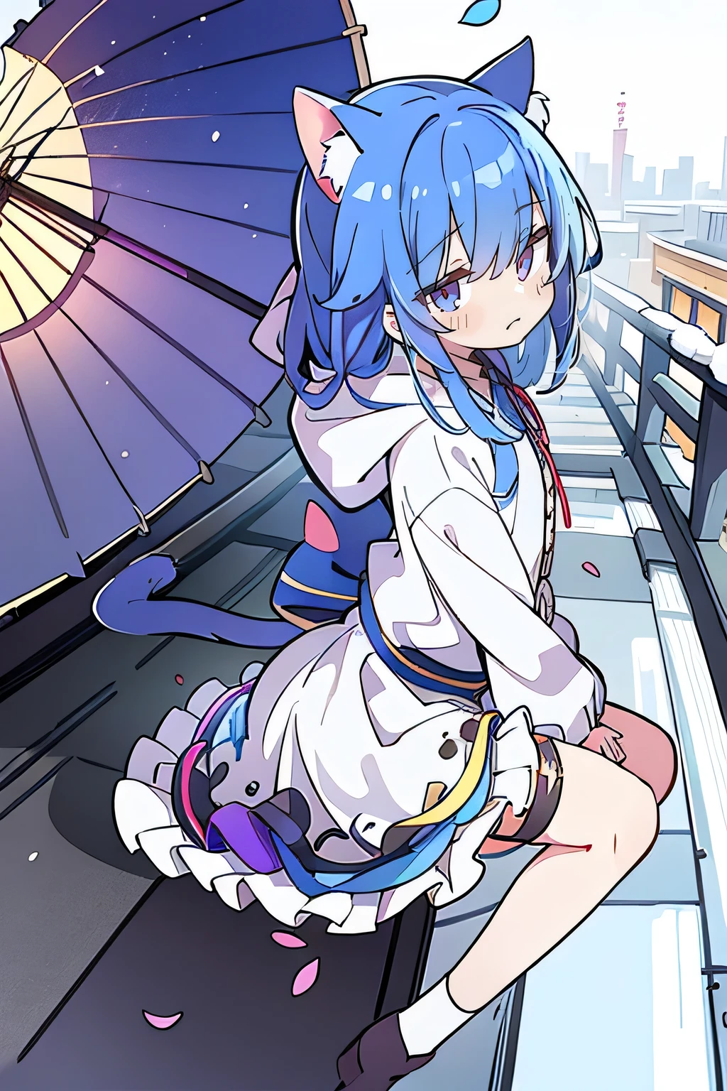 (masterpiece:1.2),Super detailed,lifelike,Expressive eyes,fair skin,perfect face shape,1 girl,
Japanese comics,Gorgeous blue hair,flowing blue hair,flowing clothes,Cat ears,Petals fall,beautiful lola,Baby Angel,
Cross your legs,Gentle and peaceful background,The pavilion is cool and comfortable,smile, wearing hoodie, background of tokyo,back views,snowing, winter.