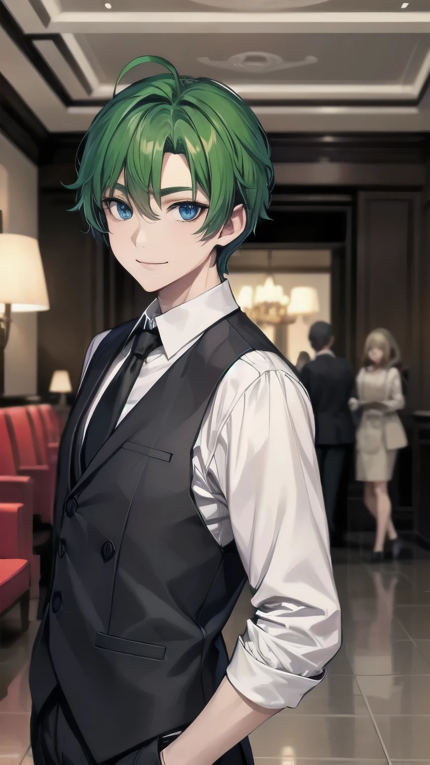 (masterpiece), ((sfw)), best quality, expressive eyes, perfect face, mature male, ((1boy, adult Man)), young adult, young man, solo, Green hair BREAK ahoge, blue eyes BREAK formal outfit, black outfit, necktie, white gloves BREAK standing, smile, fancy lobby, indoors,(crowd, people), male focus, looking_at_viewer, indoors, ((fancy hotel, lobby)) ,