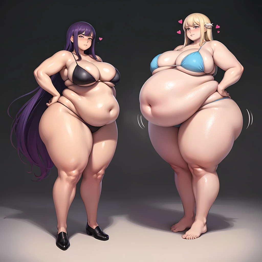 A young woman in a bikini, massive bloated overstuffed heavy protruding bulging obese belly, hyper massive fat tall wide round heart shaped bubble butt, wide fat hips, massive fat round breasts, deep long cleavage, so full it hurts, gurgling belly, sloshing belly, distended belly, churning belly, it hurts being so full but it feel so good, squishy belly, bellies squished together, squished together, shes upset her friend isnt as fat as her, shes making her obese,