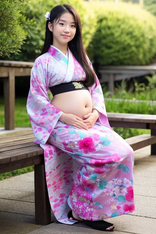 Cute girl pregnant wearing blue kimono full body