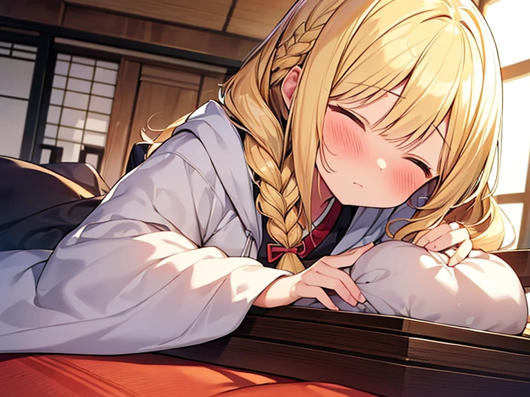 Top quality,( 1 beautiful girl), junior high school student, Blonde, Braided hair, Wavy Hair, standard weight, hoodie,  blush, sleeping, (japanese style room), Kotatsu,beautiful scene, upper body