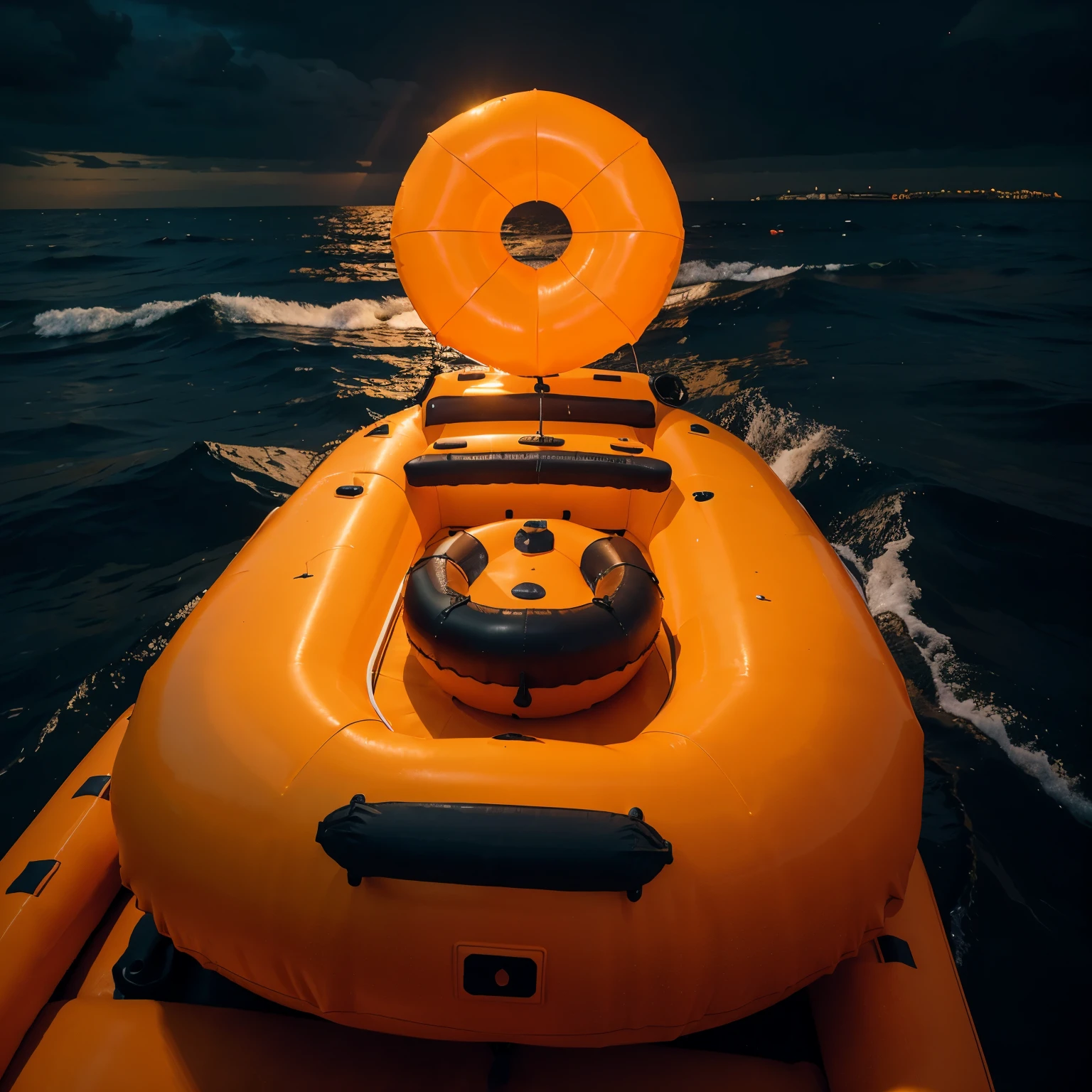 Orange inflatable boat in the vast ocean at night