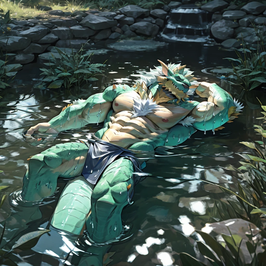 Male dragon, handsome, tall, good looking, muscular, nipples, strong, daddy, relaxing in a deep river, tail, mint green body, eyes closed, detailed background, photorealistic, dark shadows, wide dynamic range, hdr, furry, bara, alone, chest deep in the water, laying down, submerged, clear water, wearing a loincloth, covered in water