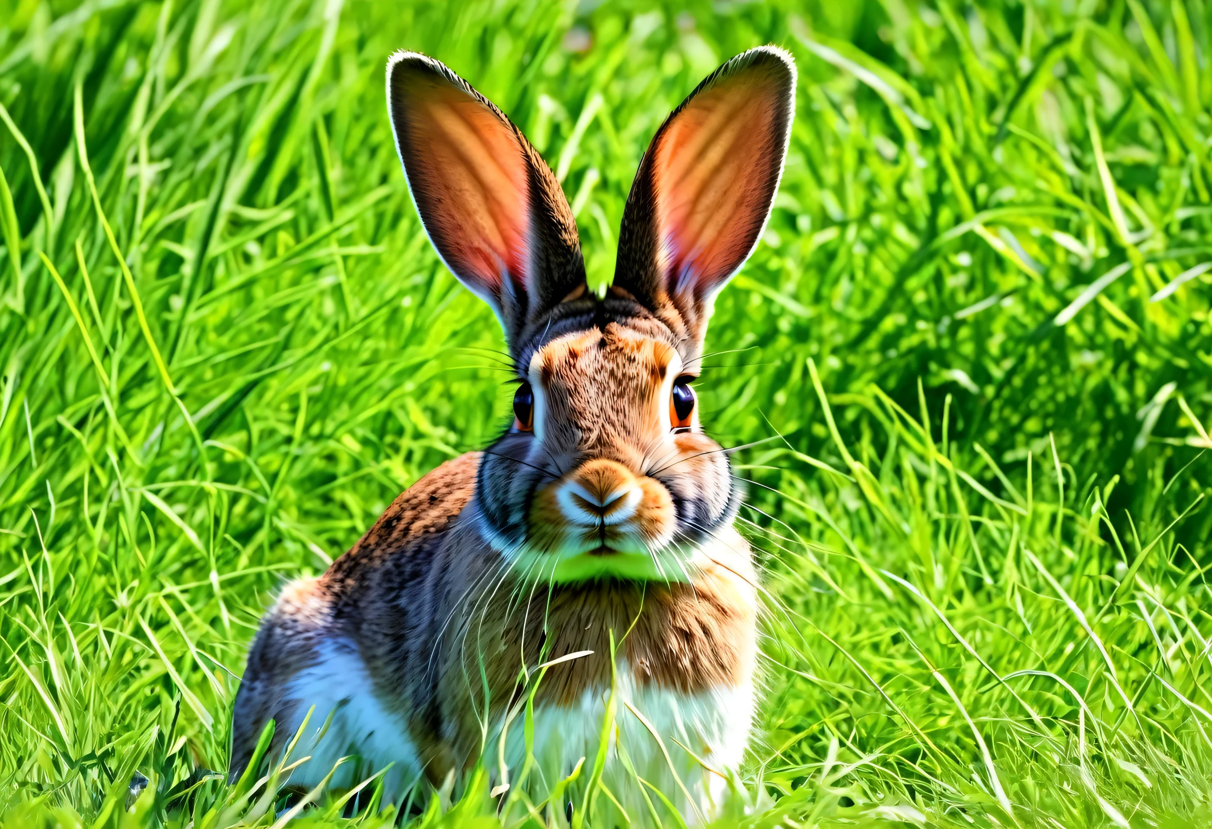 there is a rabbit that is sitting in the grass, rabbit, rabbit ears, with pointy ears, a rabbit full of hope, large ears, inquisitive look, long ears, rabbit face only, closeup portrait shot, big ears, colorful 8 k, colorful hd picure, beautiful art uhd 4 k, 4k highly detailed digital art, colorful 4k, beautiful and colorful, 8k high quality detailed art