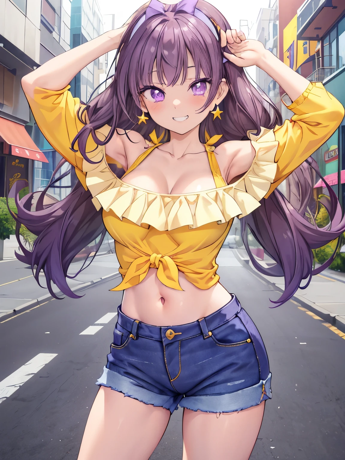 Amanogawa Kist, One girl, alone, Purple hair band, Star earrings, Yellow Shirt, Exposing shoulders, Off the shoulder、
Denim hot pants、  View your viewers, Cowboy Shot, Are standing, 
street、
Thighs、Big Breasts、 belly button、Groin、Purple Eyes、
blush、Grin、Raise your arms、