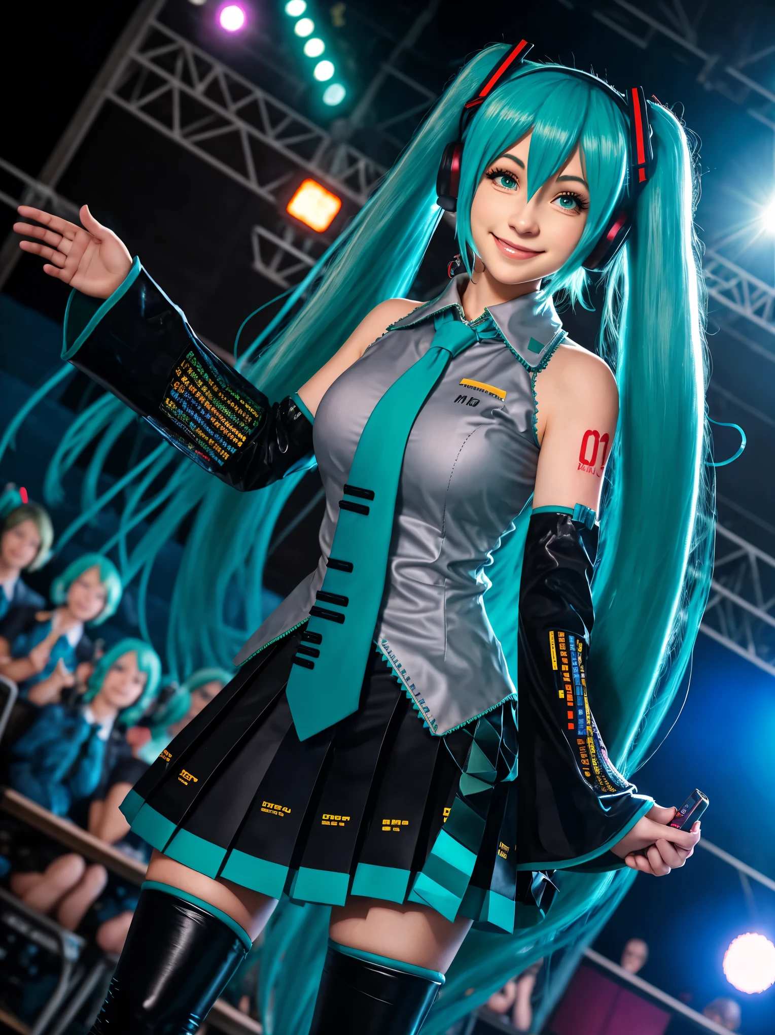 best quality, masterpiece, Practical, photoPractical, 1 Girl, Solitary, 看着audience, Smile, permanent, whole body, Hatsune Miku role play costume, Hatsune Miku, role play, Light green hair, Double tail, Very long hair, Hair accessories, earphone, earphone, shirt, skirt, pleated skirt, tie, aqua tie, Separate sleeves, Tattoo, Over the knee boots, In stage, audience, band,