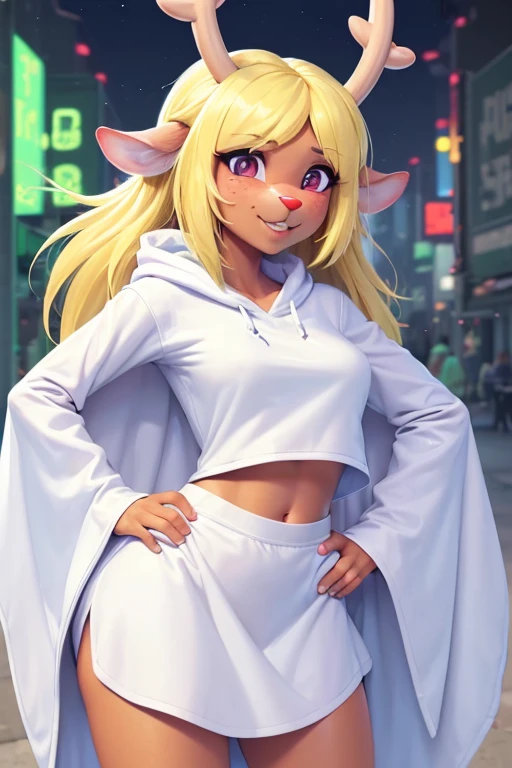(noelle, furry female anthro, blonde hair, deer girl, red deer nose, white eyes, white pupils, white robe, hooded robe, midriff), sad, outstretched arms, green neon city, snowing arms up, crying