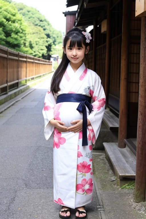 9  japanese girl pregnant wearing kimono full body, touch his belly

