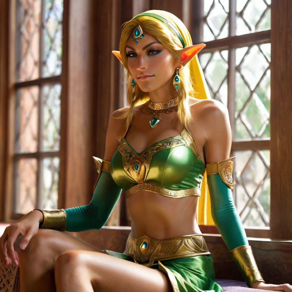 (medium shot, oiled skin shiny, Gerudo Clothes gerudo-link, elf ears, sitting on window seat bench cushions , blonde hair, short stature, , in eastern palace , veil, thin Abdominal Muscles, Perfect hands perfect fingers perfect thumbs perfect limbs, Perfect hands, perfect fingers, uhd high definition photograph, extremely detailed eyes face nose hands ) 