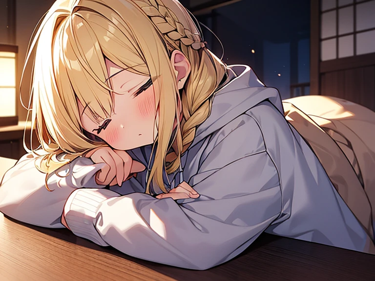 Top quality,( 1 beautiful girl), junior high school student, Blonde, Braided hair, Medium Hair, standard weight, hoodie, blush, sleeping, (japanese style room), table, beautiful scene, cowboy shot