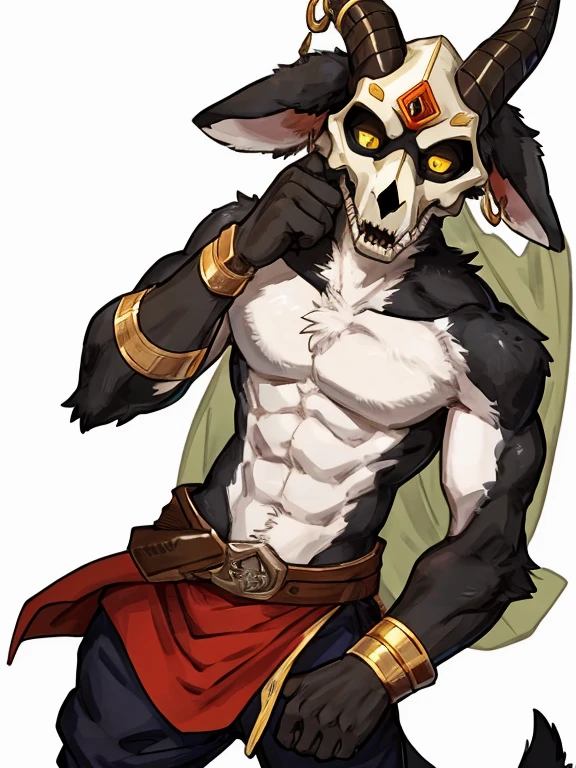 by Buta99, by SpiritD, best quality, masterpiece, perfect anatomy, plain white background, white background, black fur, skull mask, goat skull, yellow eyes, goat, extremely detailed, full body, lean, slim, skinny, thin, weak, muscles, muscular, big chest, adult, mature, masculine, skinny fat, skinnyfat, full body portrait, solo, 1male, masterpiece, posing, pose, dynamic pose, fully black body, black body, fur, fluffy chest, fluffy arms, fluffy torso, chest tuft, hairy chest, sfw, safe for work, goat tail, goat ears, goat horns, brown horns, golden earrings, ring earrings, golden ring earrings, white mask, ears, long ears, curved ears, visible ears, yellow pupils, shirtless, topless, naked, nude, white chest, white belly, fully black body, dynamic expression, fun expression, silly expression, happy expression, tunic, warrior tunic, warrior pants, 