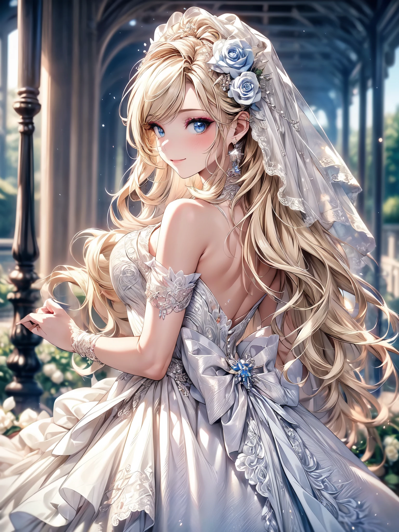 (masterpiece, best quality, beautiful and aesthetic:1.3), look back, looking at viewer, 1girl, solo, light smile, (makeup, long hair, light beige hair, blue eyes:1.2), Octane Render, bridal veil, lace-trimmed dress, see-through, wedding dress, outdoors, white roses, garden, morning, standing, extreme detailed, vivid color,