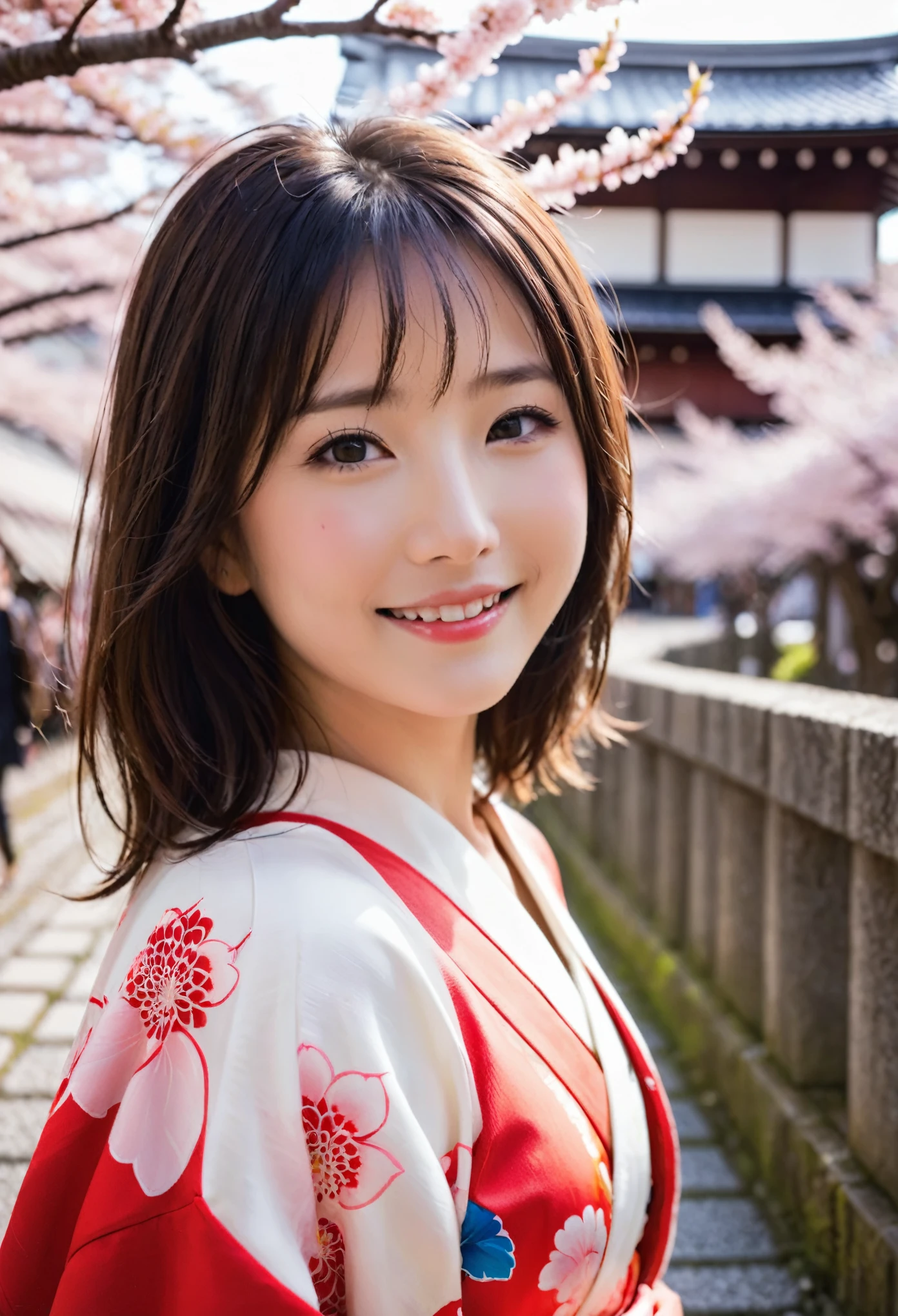 振り返ったsmileの美しい女性、Red kimono、Walking around Kyoto、shrine、trail、spring、cherry blossoms、Japanese、trip、smile