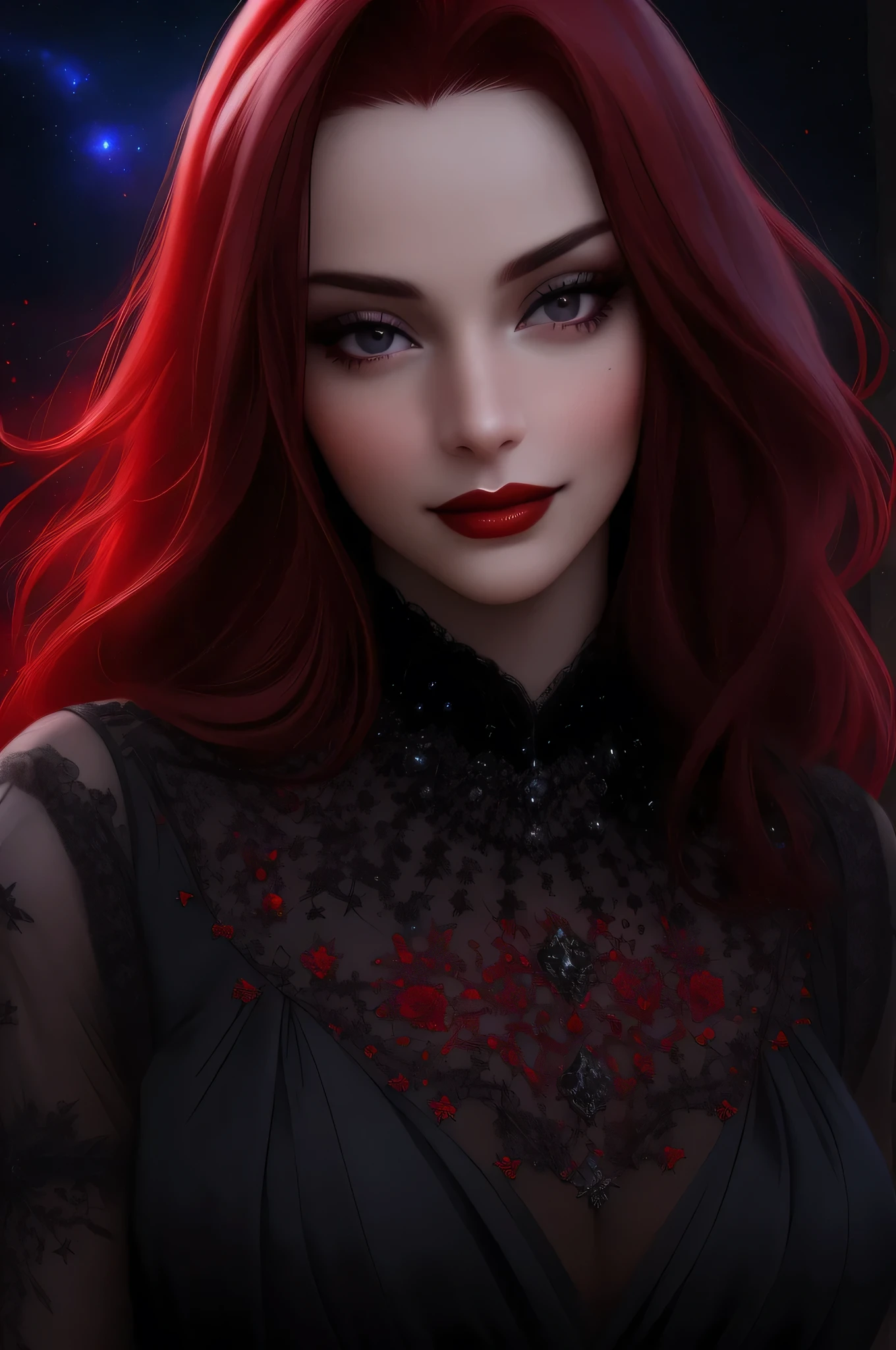 (Masterpiece - Ultra-Detailed, High Resolution) ((vivid red hair)), mature woman, 30 years old, diamond face, red starry sky background, depth of field, magic, big red lips, ((dark and black eyes)) black and red long and full dress, covered chest, mystical atmosphere, ominous shadows, Intense blue aura, Intense red aura (best quality:1.2), absurdres, intricate details, (highly detailed skin:1.2), smile expression, posing, taut and well defined body, attractive. Highly realistic, white skin, beautiful, hyperrealism, skin very elaborated, direct gaze