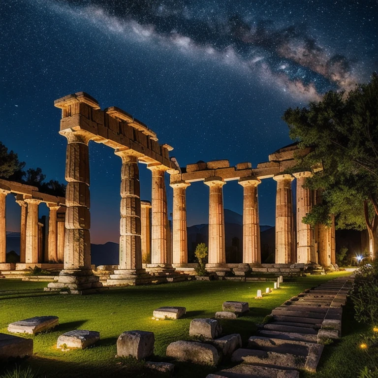 landscape of mount olympus, greek temples and ruins, ethereal and majestic, nighttime, architecture and flora surrounded by magic and energy, colorful, v0id3nergy (jg-jc0n:1.3) void magic(grin:1.1)