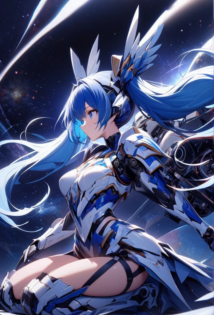 High quality, high definition, hig
h precision images,8k 1 Girl Robot Girl、Blue hair,Twin tails,blue eyes、Space background, galaxy stars、
,Blue and white clothing,He's wearing flashy robot armor、He has a long range beam rifle.flight attitude,Full body view

