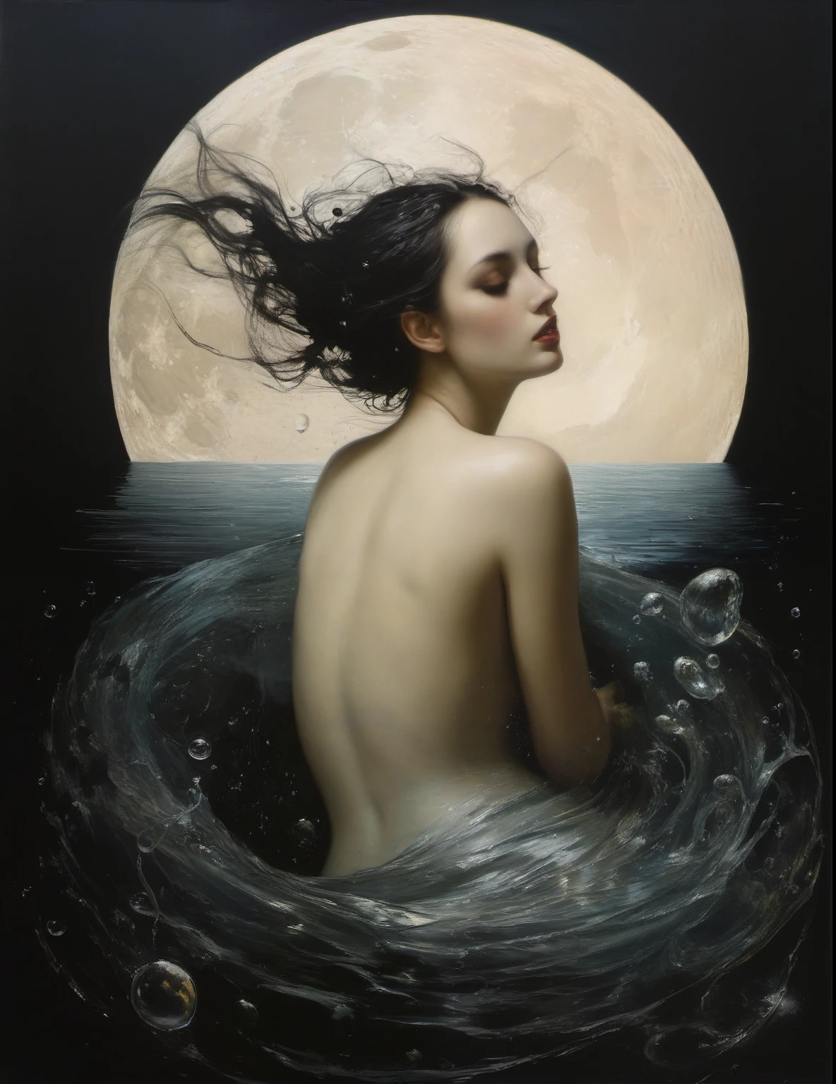 James Gurney, Surrealist art , dream-like, Mysterious, Provocative, symbolic, Complex, detailed,, (Gothic but very beautiful:1.4), (masterpiece, Highest quality:1.4) , Nicola Samori Style, Mermaid kissing the moon, Water bubbles
