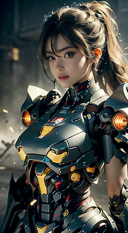 Textured skin, Super Detail, high details, High quality, Best Quality, hight resolution, 1080p, hard disk, a beauty,She wears a little yellow futuristic  war machine mech with weapons built into her entire body(War Machine) realistic portrait 8k,