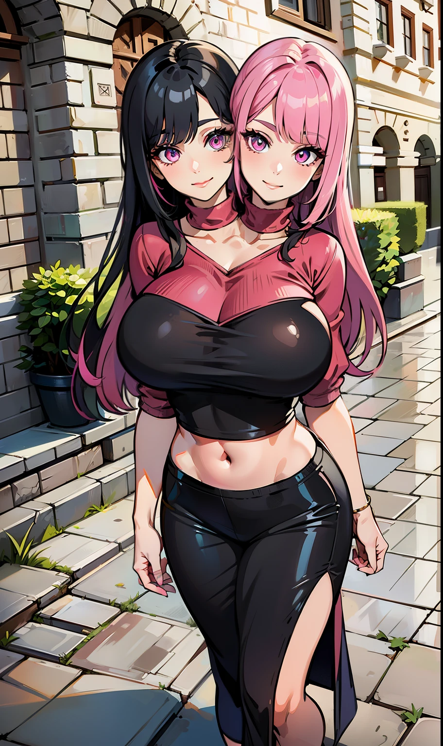 b best quality, (masterpiece),(ultra-detailed), (high quality), (high resolution), ((2heads:1.5)), ((black hair)), ((pink hair)), ((different hair colors)), large breasts, shorts , full body,best quality:1.5, highres, UHD, 4K), medieval outfit, smiling, ((crop top)), wearing sandals, medieval castle background, ((full body)), ((seductive pose)), ((detailed eyes)), (mature woman), exposed midriff, (giant woman)