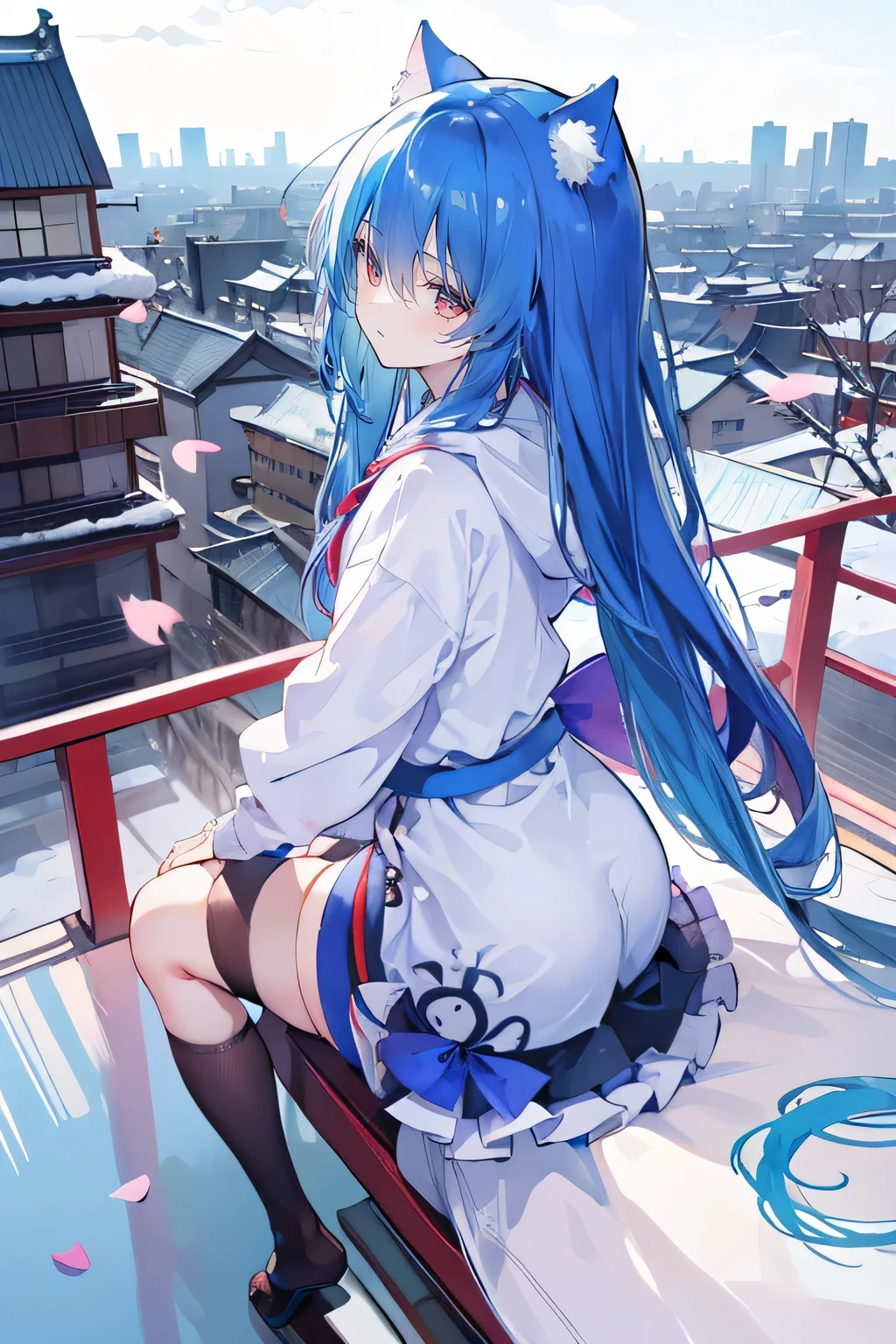 (masterpiece:1.2),Super detailed,lifelike,Expressive eyes,fair skin,perfect face shape,1 girl,
Japanese comics,Gorgeous blue hair,flowing blue hair,flowing clothes,Cat ears,Petals fall,beautiful lola,Baby Angel,
Cross your legs,Gentle and peaceful background,The pavilion is cool and comfortable,smile, wearing hoodie, background of tokyo,back views,snowing, winter.
