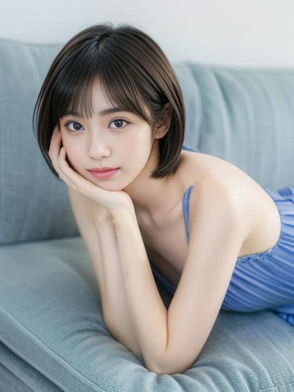 Wearing a blue dress lying on the sofa,Age 25,Japanese women, Short Bob Hair,Sayaka Okada, Young and cute gravure idol, Young and skinny gravure idol, Young Gravure Idol, realistic Young Gravure Idol, Young Sensual Gravure Idol, A sophisticated gravure idol