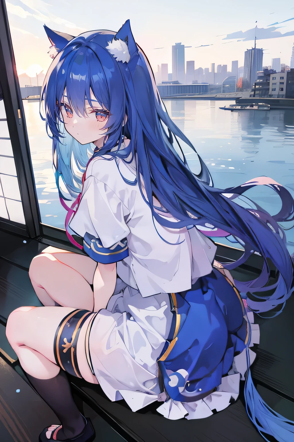 (masterpiece:1.2),Super detailed,lifelike,Expressive eyes,fair skin,perfect face shape,1 girl,
Japanese comics,Gorgeous blue hair,flowing blue hair,flowing clothes,Cat ears,Petals fall,beautiful lola,Baby Angel,
Cross your legs,Gentle and peaceful background,The pavilion is cool and comfortable,smile, wearing hoodie, background of tokyo,back views,snowing, winter.
