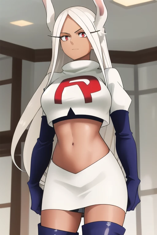 ((best quality)), ((highly detailed)), masterpiece, (detailed eyes, deep eyes), (1girl), (cowboy shot), mirkomha, boku no hero academia, white hair, very long hair, (red eyes), ((dark skin:1.3)), muscular female, rabbit ears, large breasts, team rocket,team rocket uniform,white skirt,red letter R,crop top,black thigh-highs,black elbow gloves