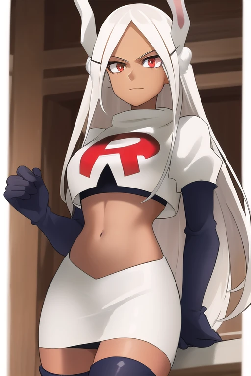 ((best quality)), ((highly detailed)), masterpiece, (detailed eyes, deep eyes), (1girl), (cowboy shot), mirkomha, boku no hero academia, white hair, very long hair, (red eyes), ((dark skin:1.3)), muscular female, rabbit ears, large breasts, team rocket,team rocket uniform,white skirt,red letter R,crop top,black thigh-highs,black elbow gloves
