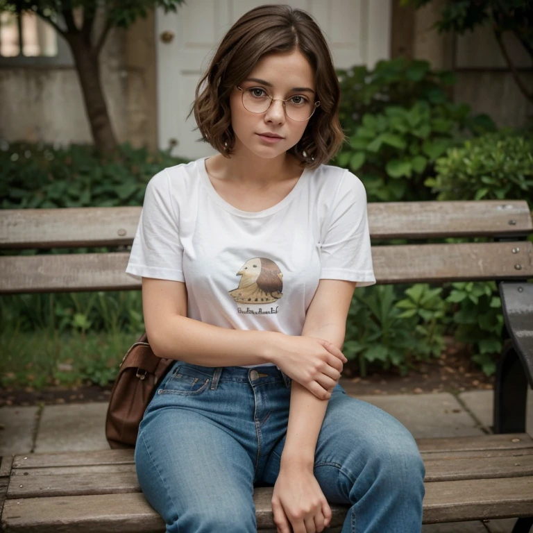 She is a woman in her twenties, with an appearance that combines the classic elegance of Jenna Coleman with the touch of determination of Resident Evil's Jill Valentine. Her brown hair falls in soft curls, framing a delicate face adorned with expressive, penetrating eyes. She wears slightly thick glasses that add an intellectual charm to her look. She wears a white shirt with a duck print and jeans and sneakers on her feet. Her posture is confident, and her presence radiates a mixture of intelligence, courage and grace. She is in a square sitting on a bench
