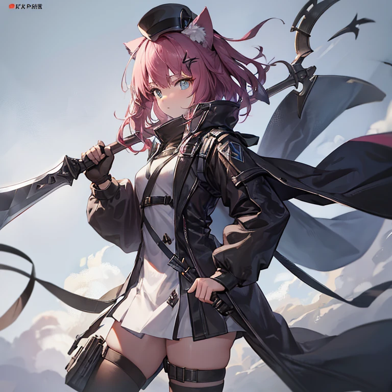 Need to create a single character image，The style is similar to the character portraits of the mobile game Arknights，Race is the film in the game，From the in-game country Victoria，Occupation is the intelligence unit of the country in the game Gray Hat。Age 18 years，Height 1.5 meters。She is a cat girl ****，The hair is pink，Petite and cute，But there is great power hidden under the dark uniform，Good appearance，There is a murderous atmosphere，But the walking posture is a bit silly。She wears combat gloves on both hands，Wearing a mask on the face，There is a grey top hat on his head，However, cat ears can be seen by people without being blocked.。The weapon she holds in both hands is a very large axe，This weapon is even taller than her height.。