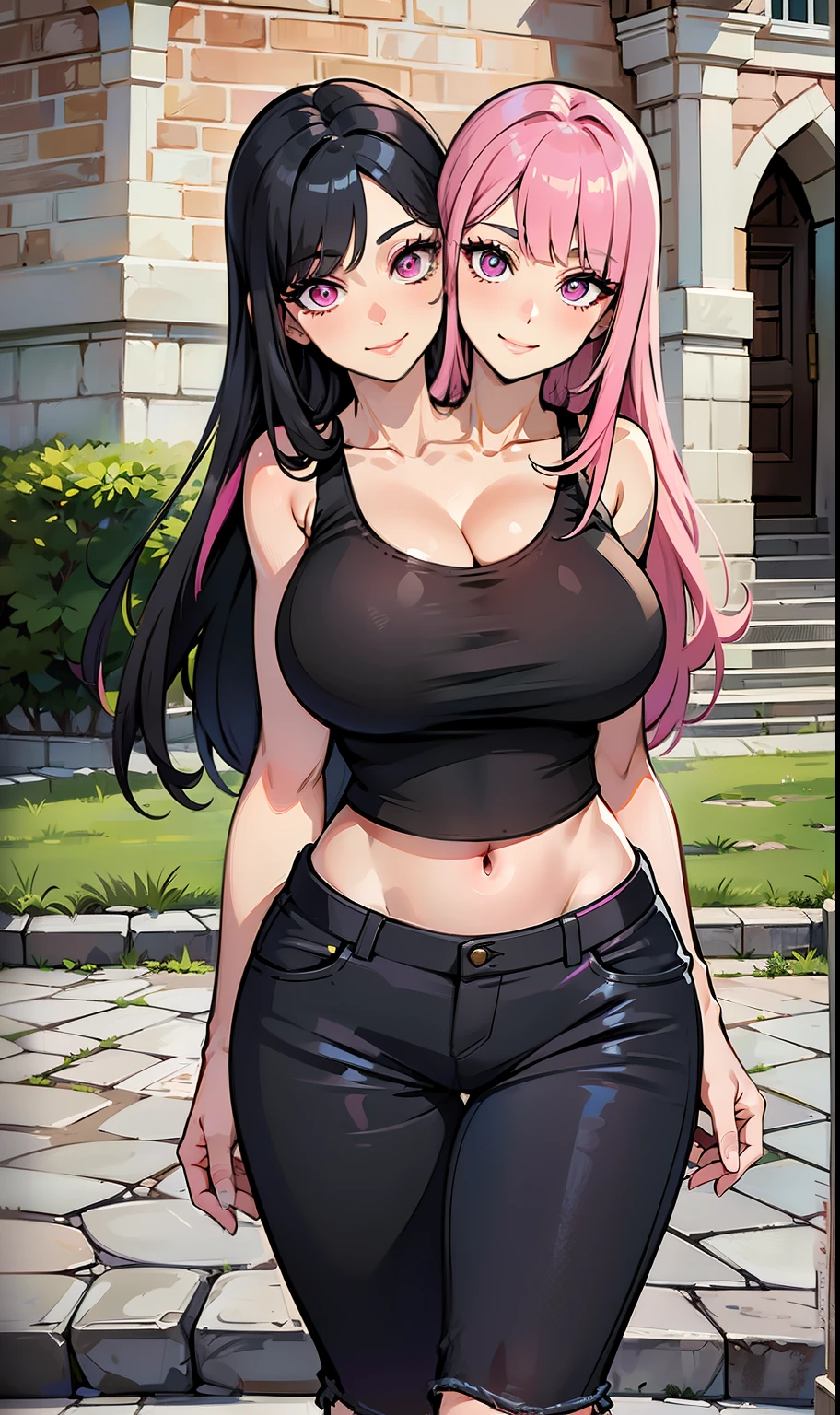 b best quality, (masterpiece),(ultra-detailed), (high quality), (high resolution), ((2heads:1.5)), ((black hair)), ((pink hair)), ((different hair colors)), large breasts, shorts , full body,best quality:1.5, highres, UHD, 4K), medieval outfit, smiling, ((crop top)), wearing sandals, medieval castle background, ((full body)), ((seductive pose)), ((detailed eyes)), (mature woman), exposed midriff, (giant woman)