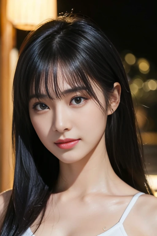 ((Night Scene, Realistic Light, Best Quality, 8K, Masterpiece: 1.3)), 1 Japanese Young Woman, Slim Body Beauty: 1.4, (long black Hair, Thick bangs, Middle Breast: 1.3), Off-Shoulder Cut Top: 1.3, Sofa, Ultra Detailed Face, Detailed Eyes, Double Eyelids, Cleavage, Japanese face, Dark Brown Eyes, Happy, smile, sweaty, sweat drops all over body, hands, face and wet hair. Sweat droplets all over body