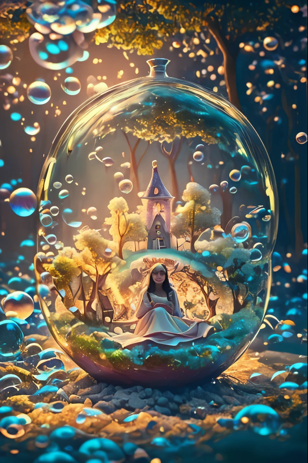 (cropped profile photo), ((1 beautiful young woman inside a soap bubble: 1.5)), sitting on a pink pillow, ((flying through a beautiful and magical fairy tale city: 1.4)), (hyper detailed : 1.3), ((clothes delicate dress with flower decorations: 1.4)), ((sunset background below a beautiful fairy tale landscape: 1.3)), ((Imaginative scene)), ((Perfect faces and bodies, meticulously detailed: 1.3)), ((far shot: 1.4)),((best quality)), ((masterpiece)), 3D, (((sunset:1.2))), (photorealistic:1.4), ((front camera)), (smiling happily, with her hands resting inside the soap bubble, surprised by the beautiful fairy city:1.4), ((Movie lighting: 1.2)), 32k.