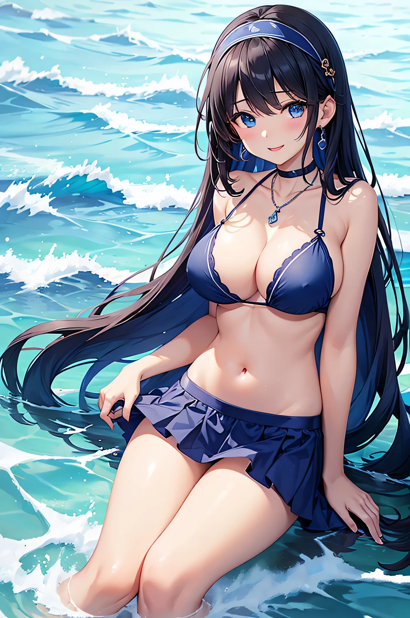 highest quality、highest quality、masterpiece、beautiful girl、((1 female:1.5))、Navy blue long hair、blue eyes、Dark blue sexy bikini、Big cleavage、(Big Breasts),smile、necklace、Blue Earrings、situation(swim in the sea、Waveless sea)、Please open your mouth wide、Navy blue short skirt、White headband、Stand up and dip your feet in seawater up to your thighs、super close range