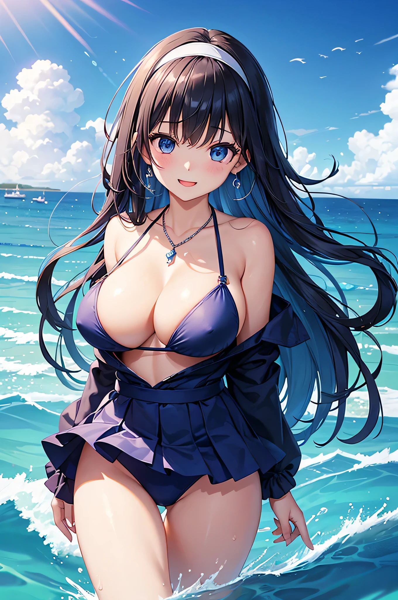 highest quality、highest quality、masterpiece、beautiful girl、((1 female:1.5))、Navy blue long hair、blue eyes、Dark blue sexy bikini、Big cleavage、(Big Breasts),smile、necklace、Blue Earrings、situation(swim in the sea、Waveless sea)、Please open your mouth wide、Navy blue short skirt、White headband、Stand up and dip your feet in seawater up to your thighs、super close range