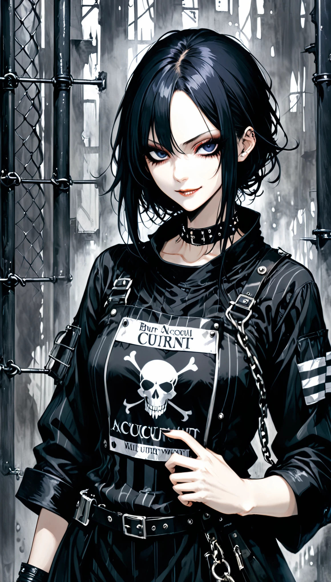 ((in style burn accumulates matumoto)),(in style of Ashley Wood:0.5),(in style of Harry Clarke:0.5)(arrest warrant image design:1.2),half body,(prisoner costumes:1.2),(goth-punk style:1.4),famous characters,detail eyes,detail iris,(evil smile:1.2),detail on both hands,magical background,dynamic action,