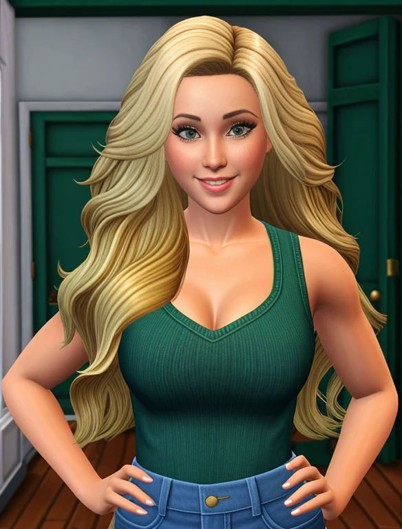Realistic portrayal:1.2, photorealistic, 8k, Sam from Totally Spies! long slightly wavy flaxen blonde hair (big hair, big volume), emerald green eyes and fair skin; smiling,wearing a full body denim outfit. beautifully photographed, ultra detailed hair & eyes, close up, Sims 4 style