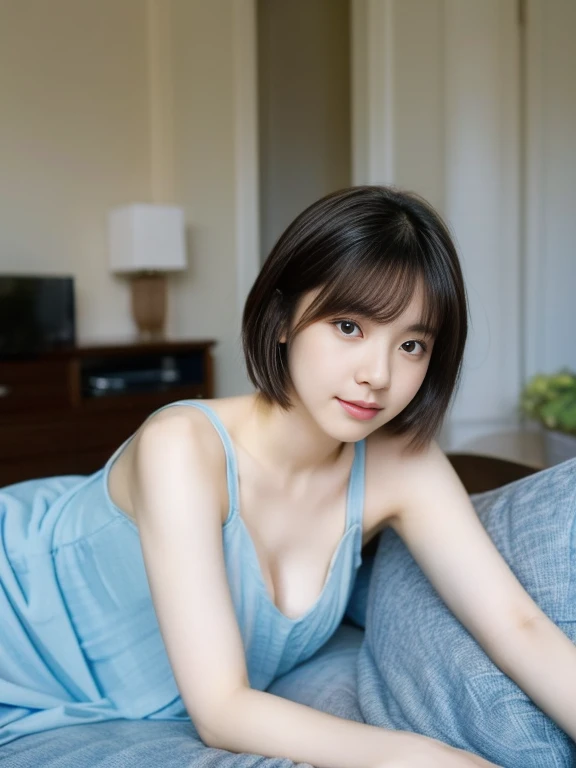 Wearing a blue dress lying on the sofa,Age 25,Japanese women, Short Bob Hair,Sayaka Okada, Young and cute gravure idol, Young and skinny gravure idol, Young Gravure Idol, realistic Young Gravure Idol, Young Sensual Gravure Idol, A sophisticated gravure idol