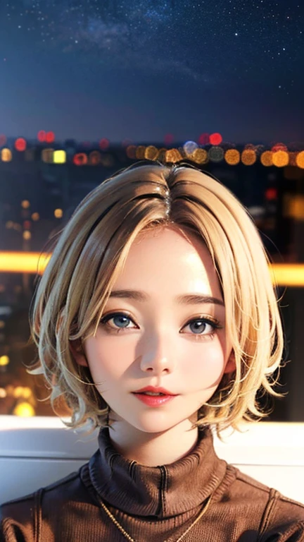 (Top quality masterpiece:1.2) Delicate illustrations, Very detailed, /Beautiful Japanese Woman、1 person,Very cute and slim、Excellent style 、((8K images、super high quality))、Very delicate face, Beautiful forehead、Beautiful thighs、Bright red lipstick,(((((short hair、Light brown hair、Blonde hair))))),very cute、Kind eyes,((((Tight sweater))))、starry skies、Tokyo night view