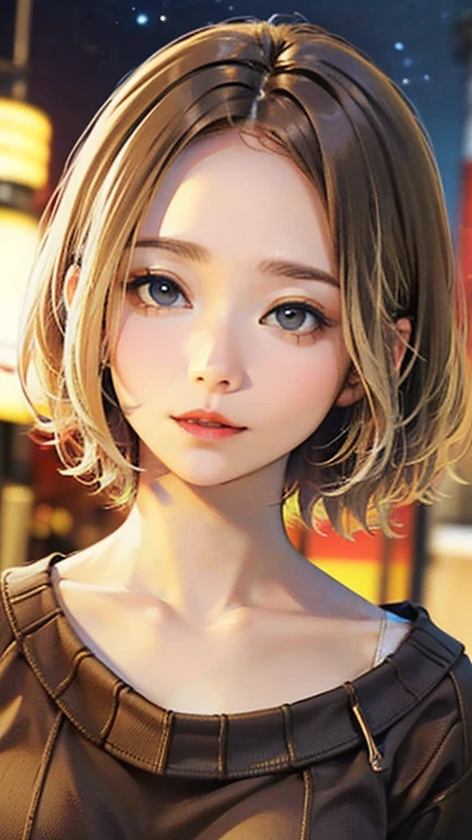 (Top quality masterpiece:1.2) Delicate illustrations, Very detailed, /Beautiful Japanese Woman、1 person,Very cute and slim、Excellent style 、((8K images、super high quality))、Very delicate face, Beautiful forehead、Beautiful thighs、Bright red lipstick,(((((short hair、Light brown hair、Blonde hair))))),very cute、Kind eyes,((((Tight sweater))))、starry skies、Tokyo night view