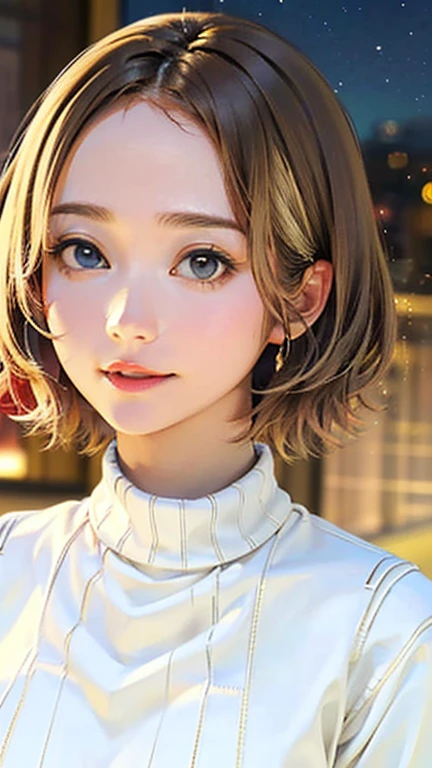 (Top quality masterpiece:1.2) Delicate illustrations, Very detailed, /Beautiful Japanese Woman、1 person,Very cute and slim、Excellent style 、((8K images、super high quality))、Very delicate face, Beautiful forehead、Beautiful thighs、Bright red lipstick,(((((short hair、Light brown hair、Blonde hair))))),very cute、Kind eyes,((((Tight sweater))))、starry skies、Tokyo night view