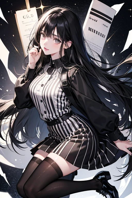 Lucy has very pale skin and long black hair concealing her eyes.  Lucy dresses in black and white, wears long striped arm sleeves and stockings, a black dress worn over a striped shirt, and black shoes. SPARKLE; GLITTER