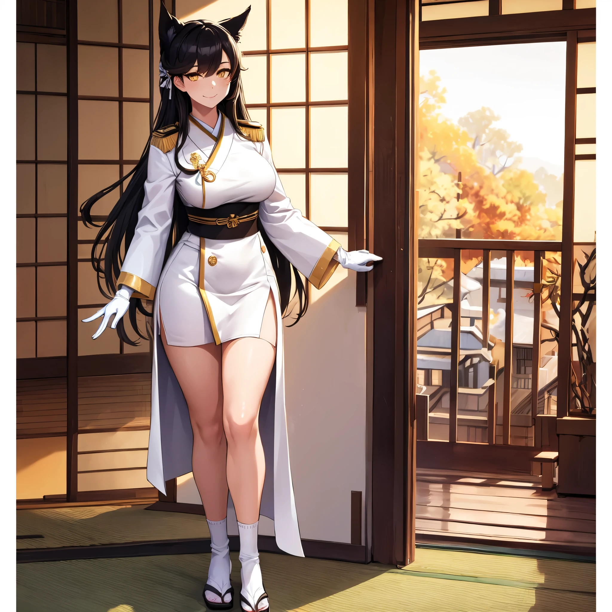 Woman wearing white female military uniform with gold details, exposed thigh, long brown socks, white heels, gold medal, white gloves, large breasts, yellow eyes, black hair, long neko ears, smiling, walking a Japanese platform, with views of traditional Japanese houses, full body, full length, anime style, glow, drop shadow, flower, UHD, masterpiece, accurate, anatomically correct, textured skin, super detail, high quality, best quality, 8k, high resolution , (woman alone)