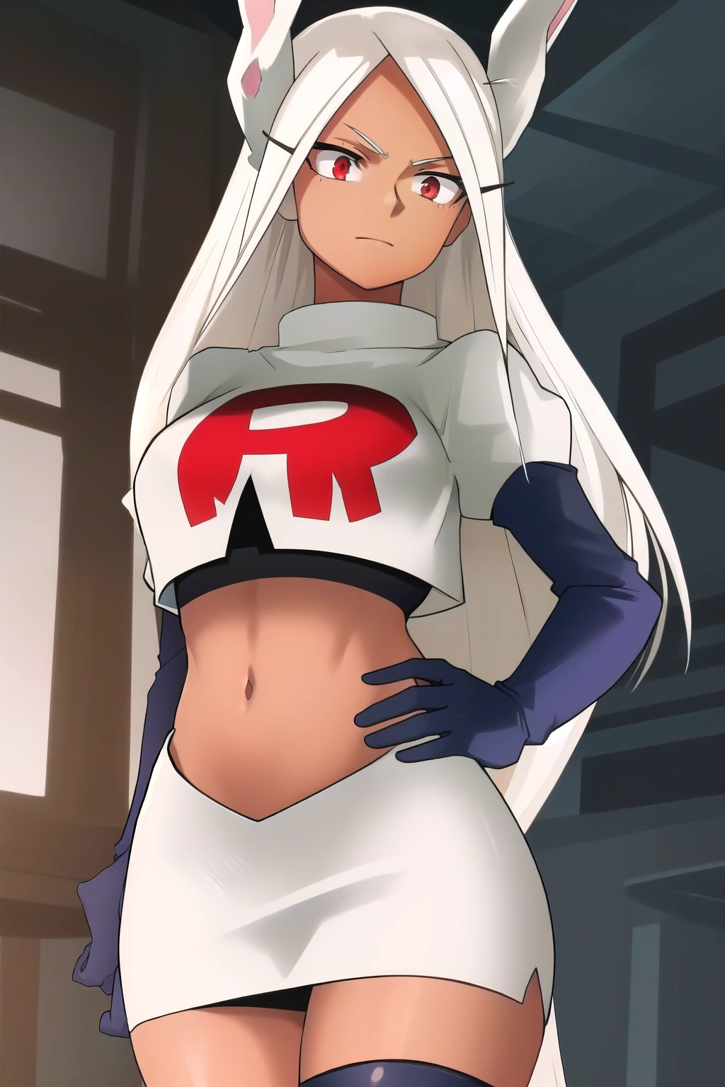 ((best quality)), ((highly detailed)), masterpiece, (detailed eyes, deep eyes), (1girl), (cowboy shot), mirkomha, boku no hero academia, white hair, very long hair, (red eyes), ((dark skin:1.3)), muscular female, rabbit ears, large breasts, team rocket,team rocket uniform,white skirt,red letter R,crop top,black thigh-highs,black elbow gloves