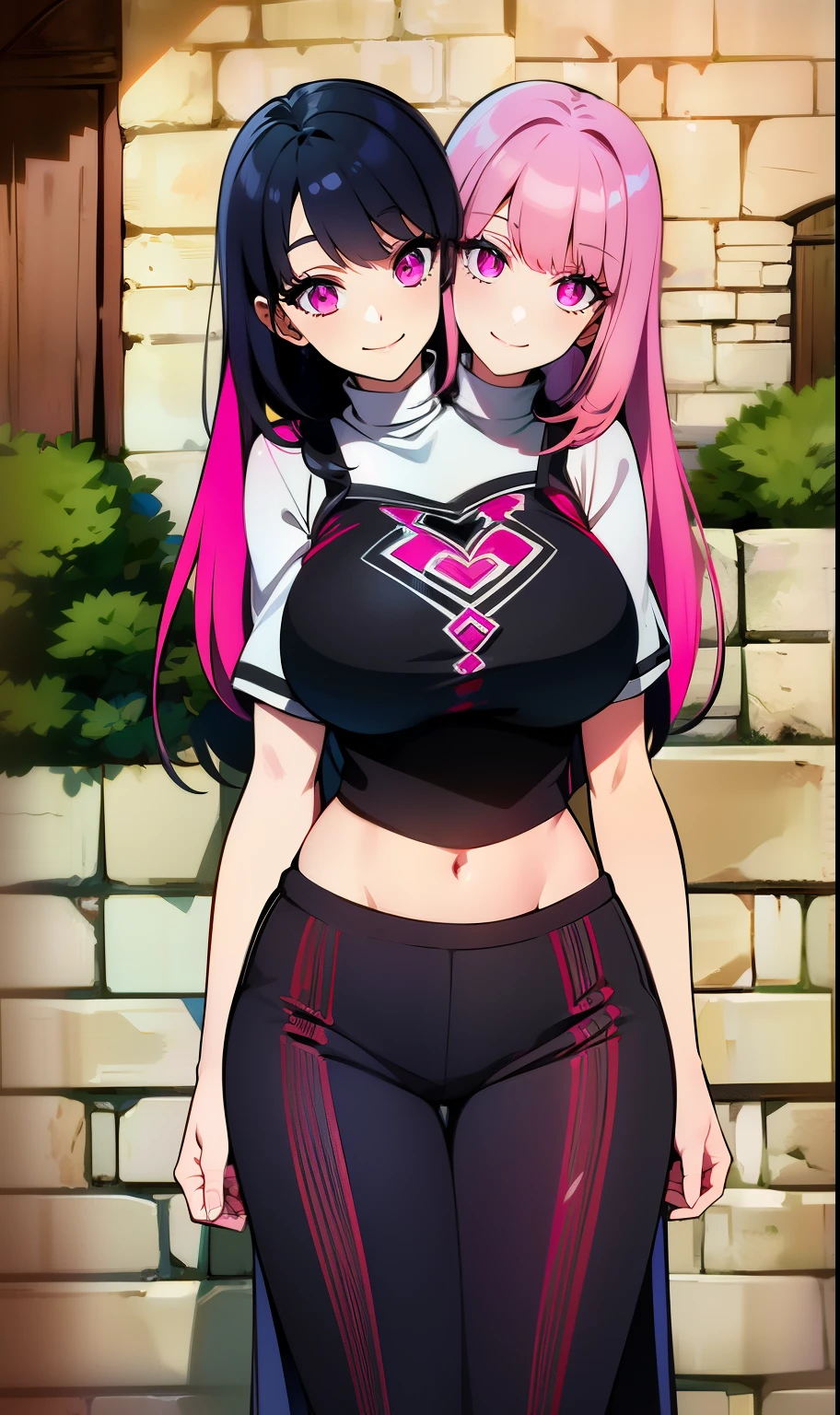 b best quality, (masterpiece),(ultra-detailed), (high quality), (high resolution), ((2heads:1.5)), ((black hair)), ((pink hair)), ((different hair colors)), large breasts, shorts , full body,best quality:1.5, highres, UHD, 4K), medieval outfit, smiling, ((crop top)), wearing sandals, medieval castle background, ((full body)), ((seductive pose)), ((detailed eyes)), (mature woman), exposed midriff, (giant woman)