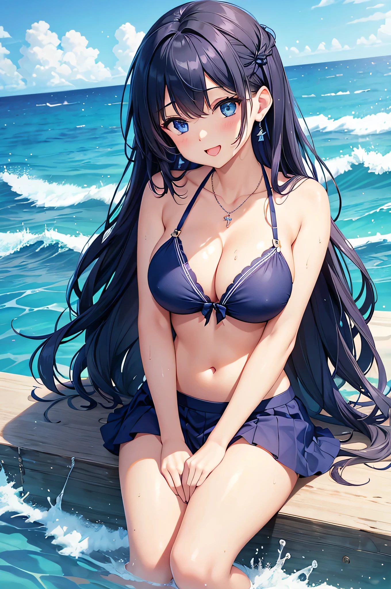 highest quality、highest quality、masterpiece、beautiful girl、((1 female:1.5))、Navy blue long hair、blue eyes、Dark blue sexy bikini、Big cleavage、(Big Breasts),smile、necklace、Blue Earrings、situation(swim in the sea、Waveless sea)、((Please open your mouth wide))、Navy blue short skirt、White headband、Stand up and dip your feet in seawater up to your thighs、super close range