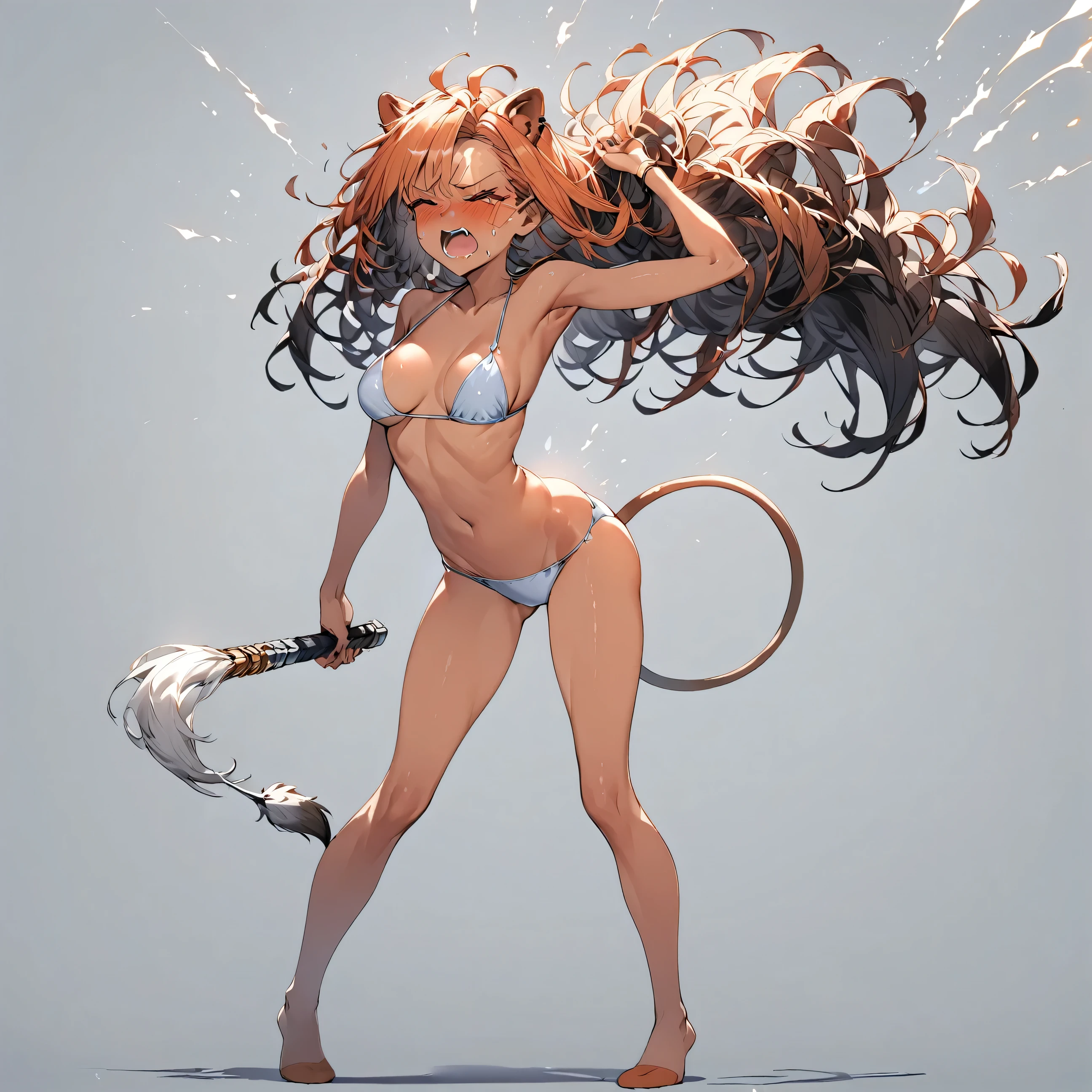 1girl, full body, orange tan skin, sexy body, big bust, bikini, no shoes, no clothes, short maroon hair, pretty girl face, lion ears, lion tail, full body, standing, wincing in pain, grey background